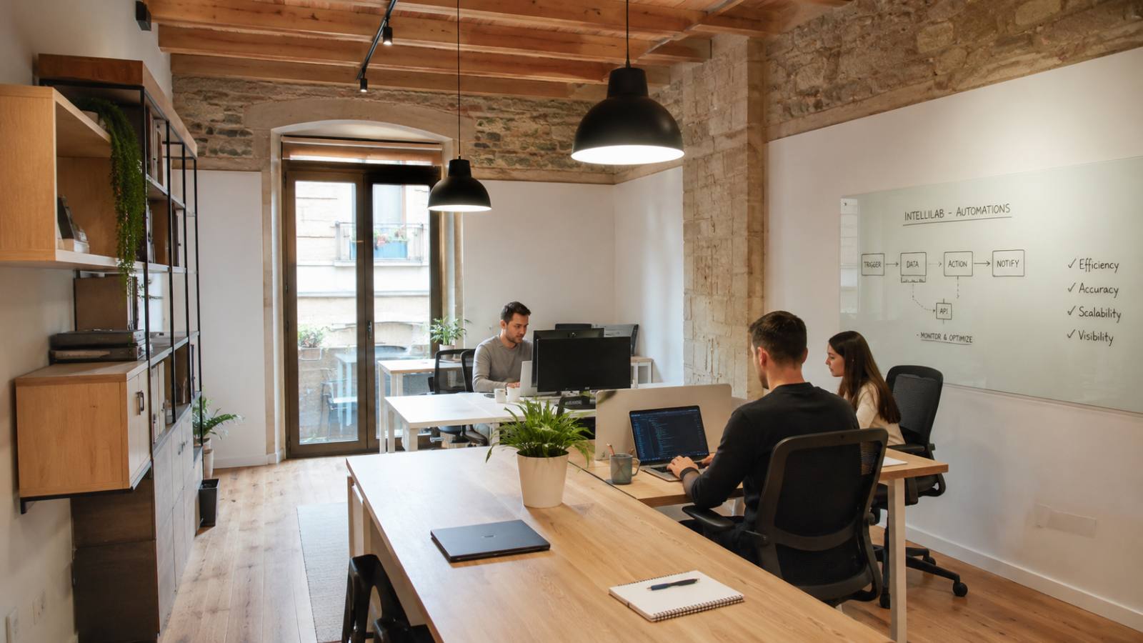 L'estudi d'Intel·li Lab a Girona, amb l'esquema d'una automatització a la pissarra